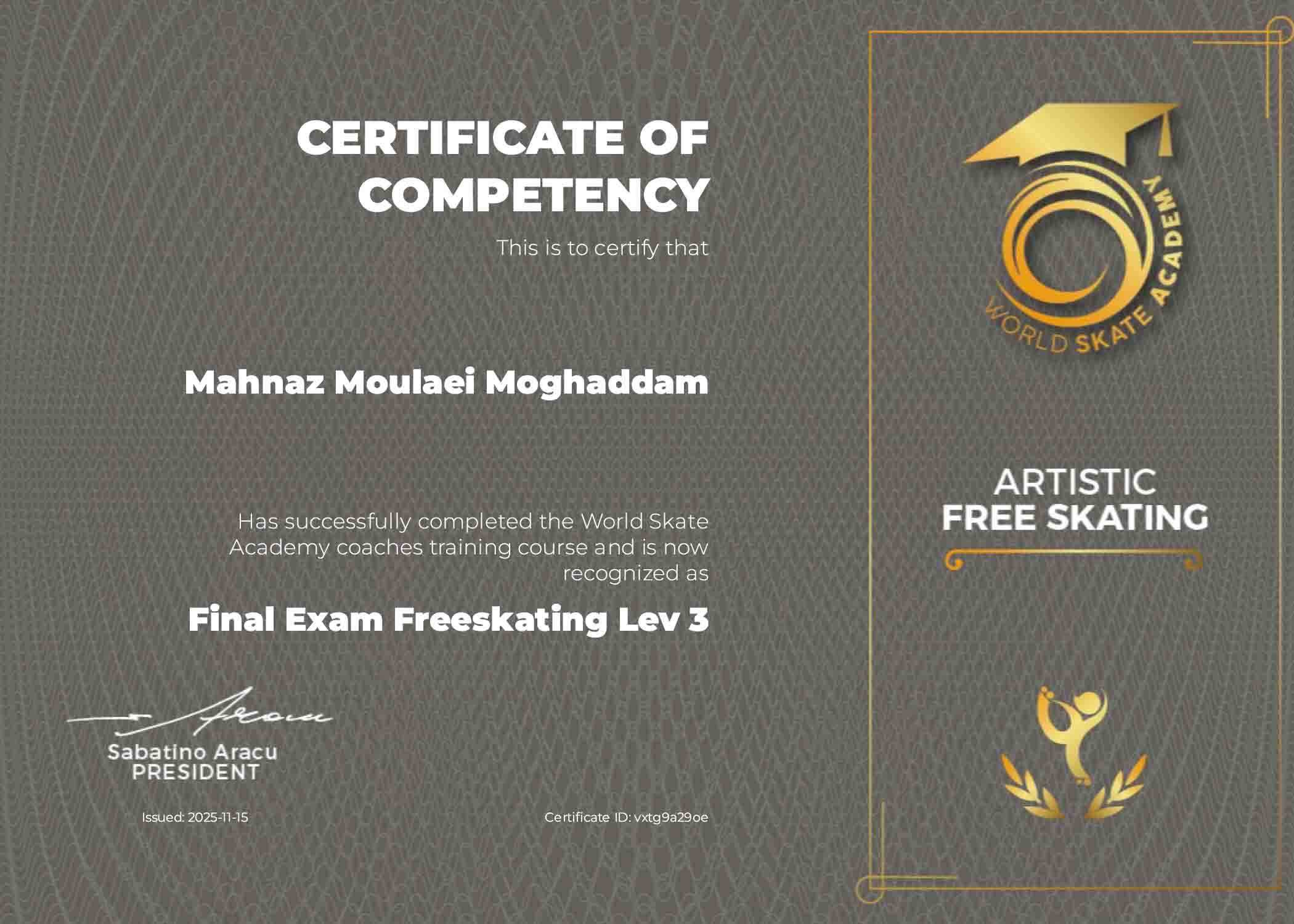 گواهی نامه مربیگری بین المللی Level 3 اسکیت هنری ( سطح پایانی ) از ورد اسکیت 